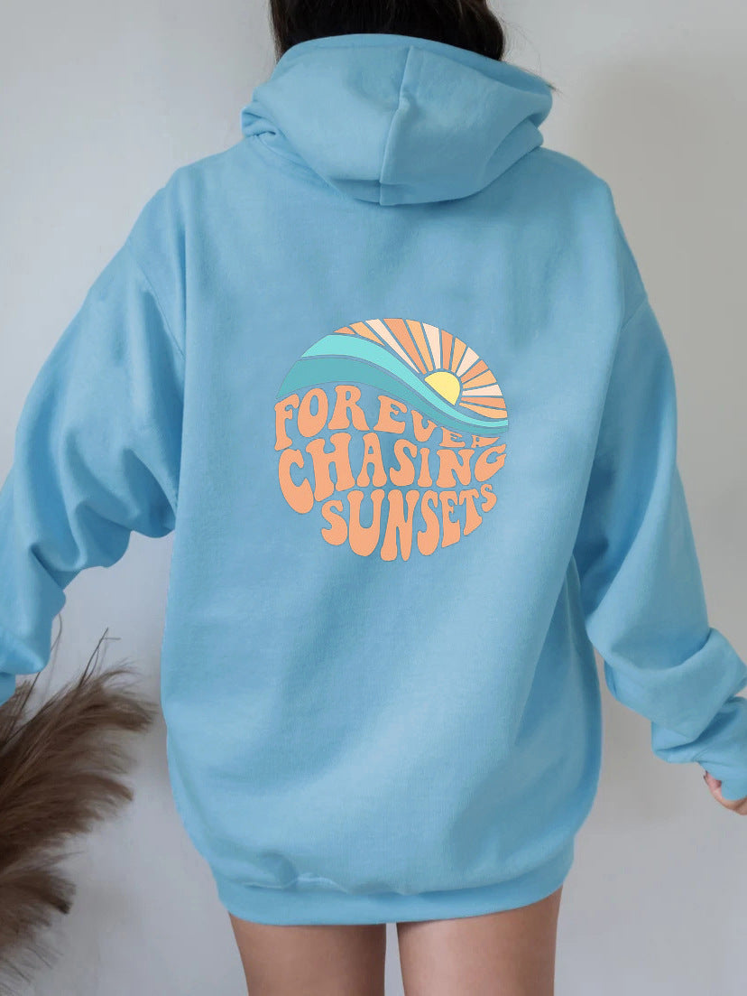 Fleece-lined Sunset Print Hoodie for Women - Workout Comfort