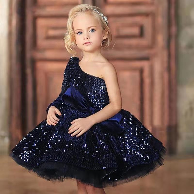 Graceful Charm: Long Sleeve Pleated Princess Dress for Girls