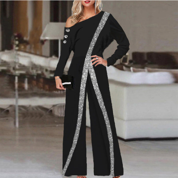 European/American Wide-Leg Pants Long-Sleeved Jumpsuit