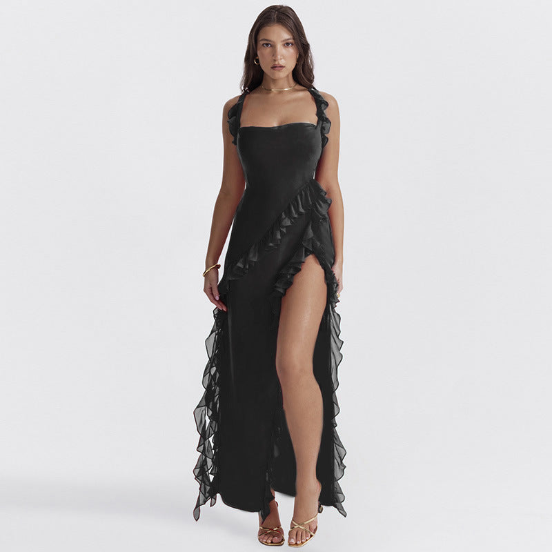 Glamorous Delight Ruffle Thigh High Split Dress with Spaghetti Straps Square Neck and Backless Design Perfect for Evening Party Wear