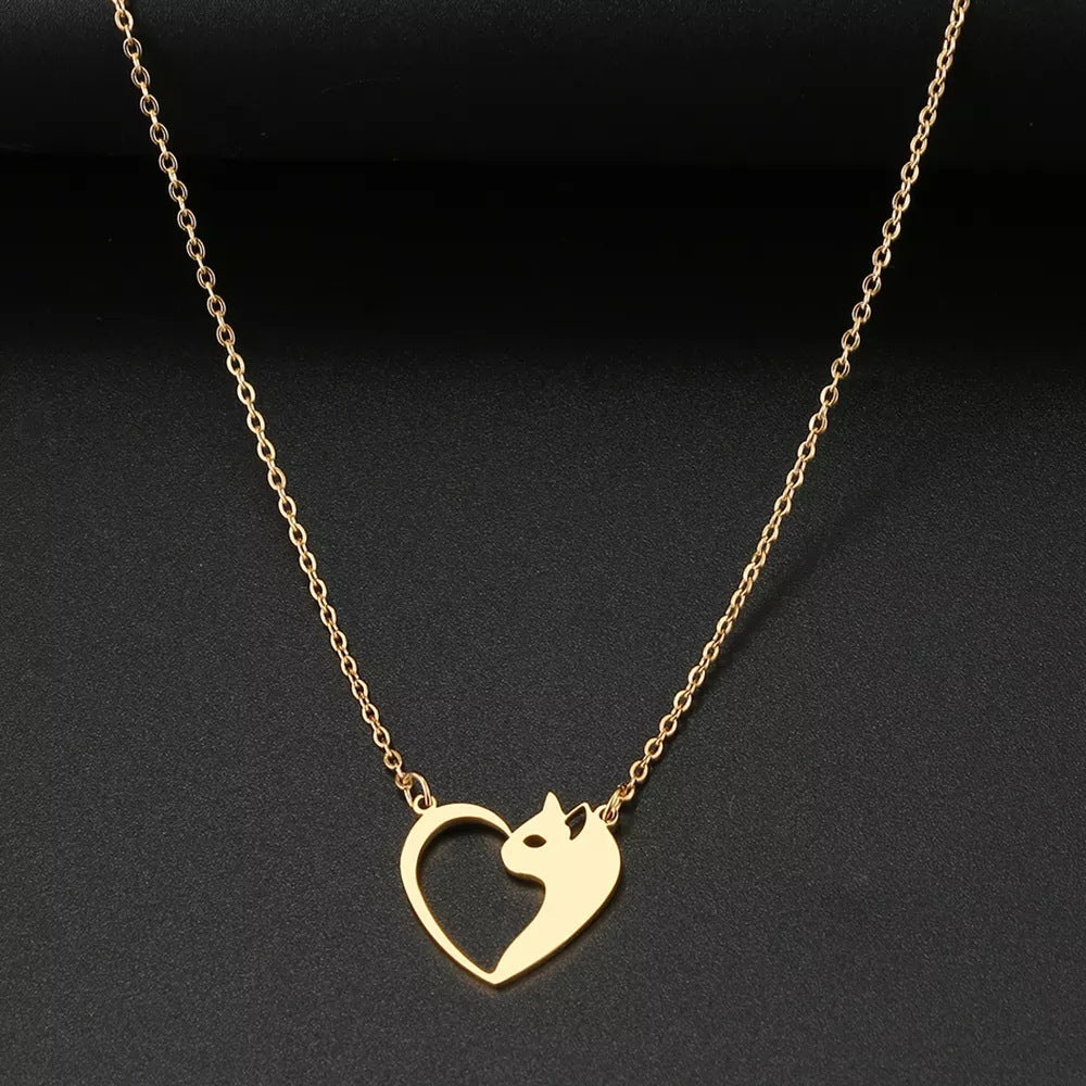 Chic Stainless Steel Heart Cat Pendant Necklace Fashion Jewelry for Women and Girls Clavicle Chains Perfect Gifts