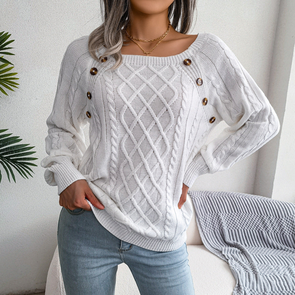 Women Sweaters and Pullovers Twisted Back Jumpers Square Neck Button Fried Dough Twist Knitting Sweater