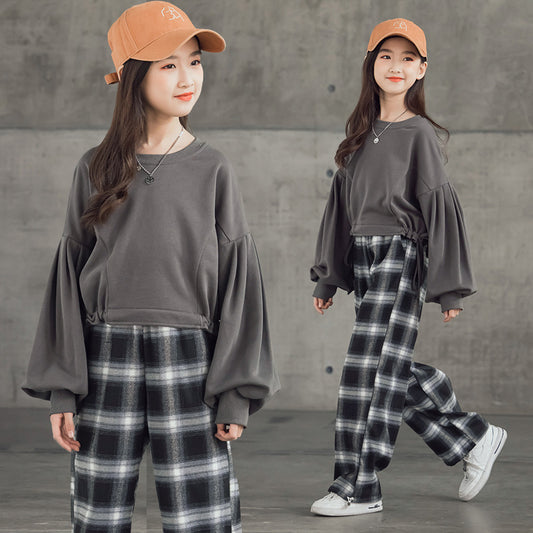 Trendy Western Korean Fusion Girls Western Style Suits with Plaid Trousers for Fashionable Big Kids