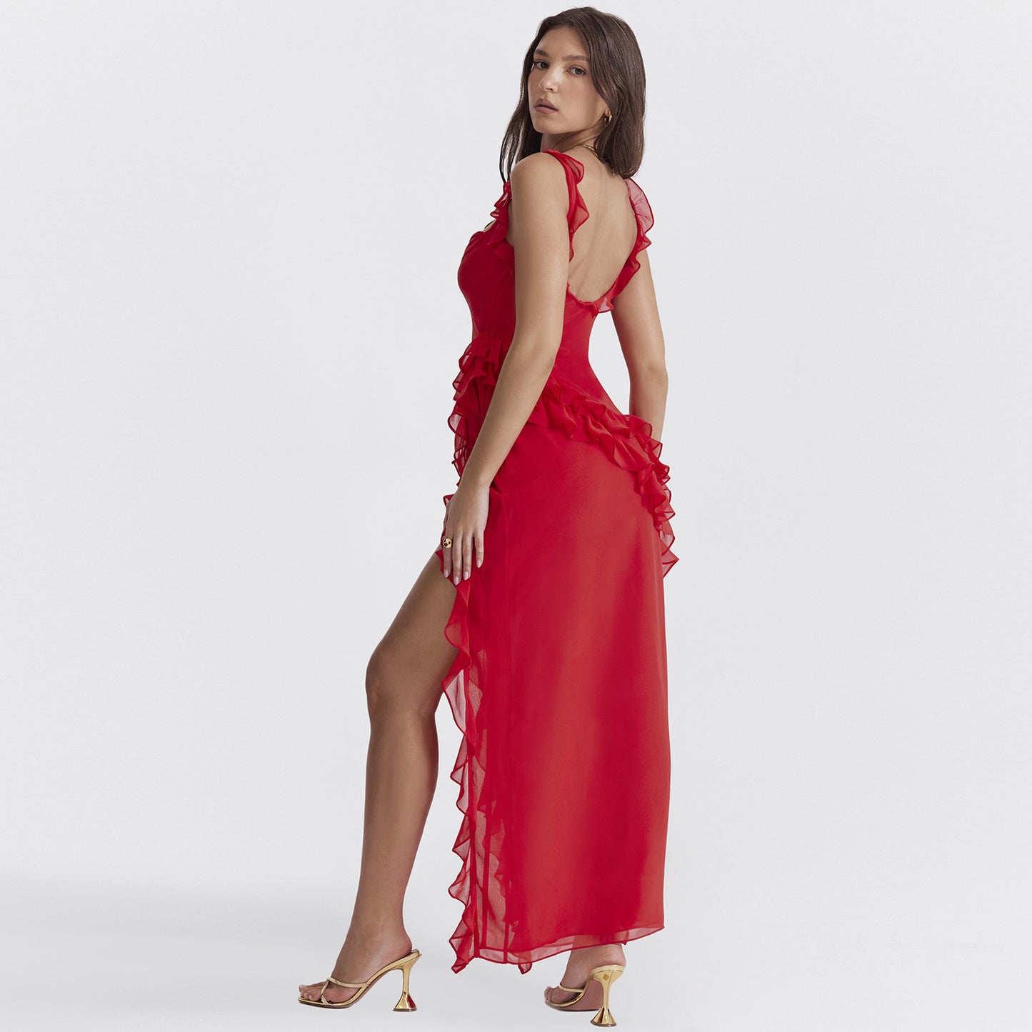 Glamorous Delight Ruffle Thigh High Split Dress with Spaghetti Straps Square Neck and Backless Design Perfect for Evening Party Wear