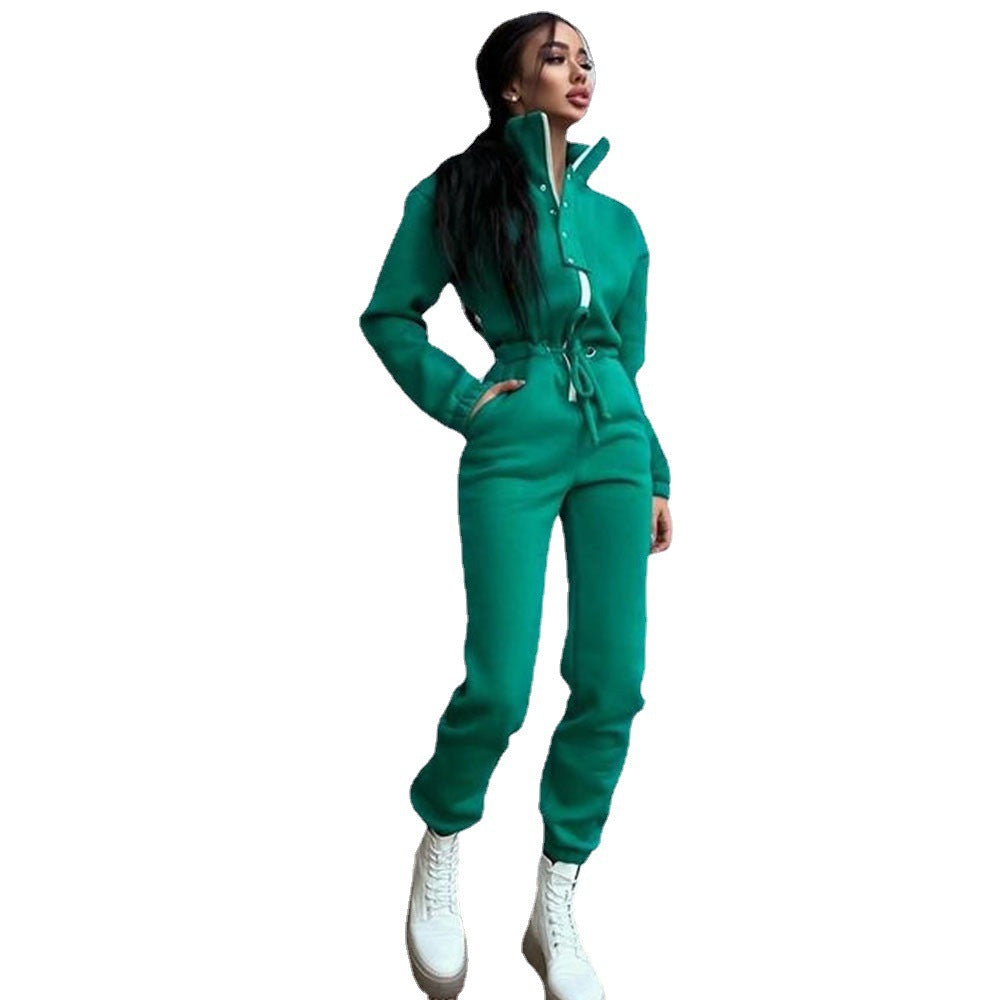 Effortless Style Stand Up Collar Cinched Jumpsuit with European and American Leisure Flair