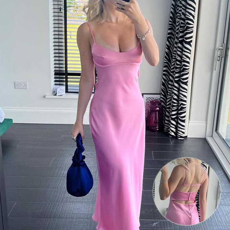 Elegant Silhouette Women Sleeveless Satin Camis Long Dress Perfect for Holiday Parties and Casual Summer Elegance with a Sexy Backless Design