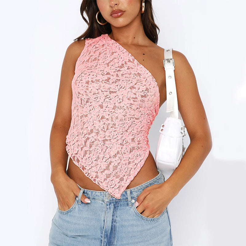 Ethereal Elegance Lace Backless Summer Top with Solid Color Waistless Design Asymmetrical Sloped Neckline Perfect for Streetwear in Women's Fashion