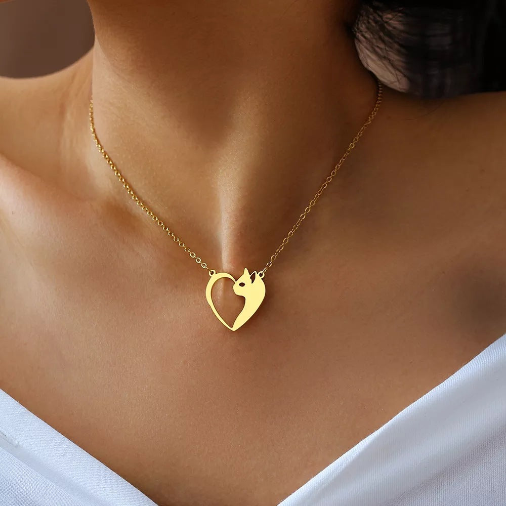 Chic Stainless Steel Heart Cat Pendant Necklace Fashion Jewelry for Women and Girls Clavicle Chains Perfect Gifts