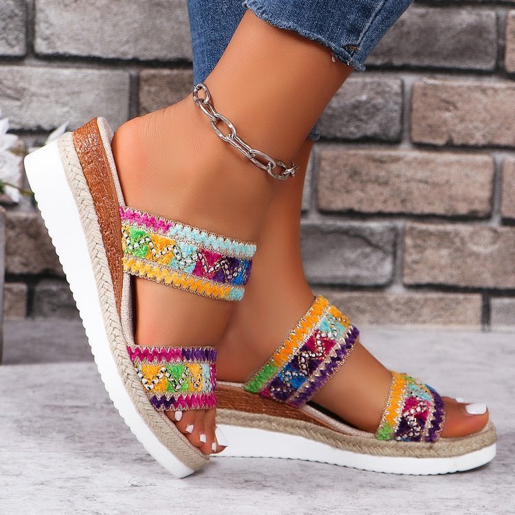 Ethnic Elegance Wavy Pattern Woven Sandals with Linen Bottom Wide Strap Wedges for Stylish Summer Comfort