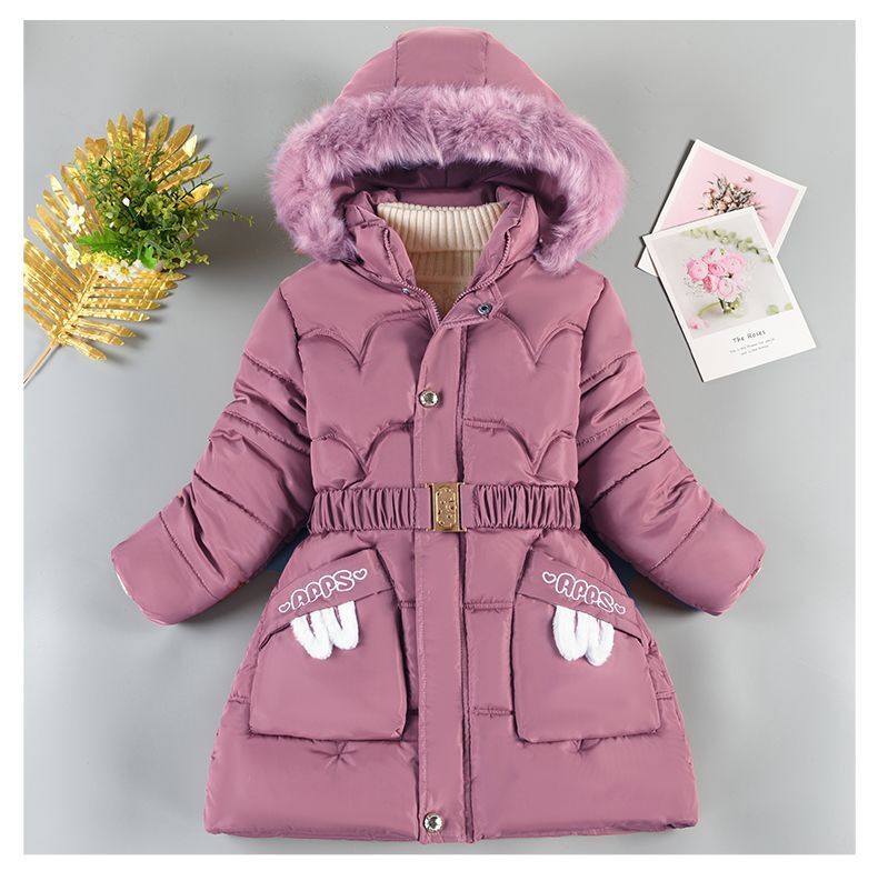 Cozy Elegance Mid Length Fleece Cotton Coat with Large Fur Collar and Waisted Design