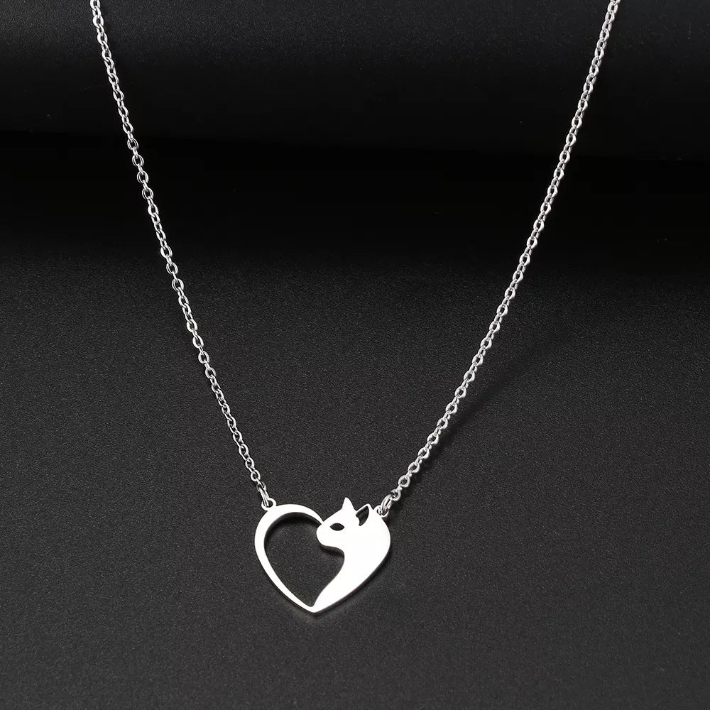 Chic Stainless Steel Heart Cat Pendant Necklace Fashion Jewelry for Women and Girls Clavicle Chains Perfect Gifts