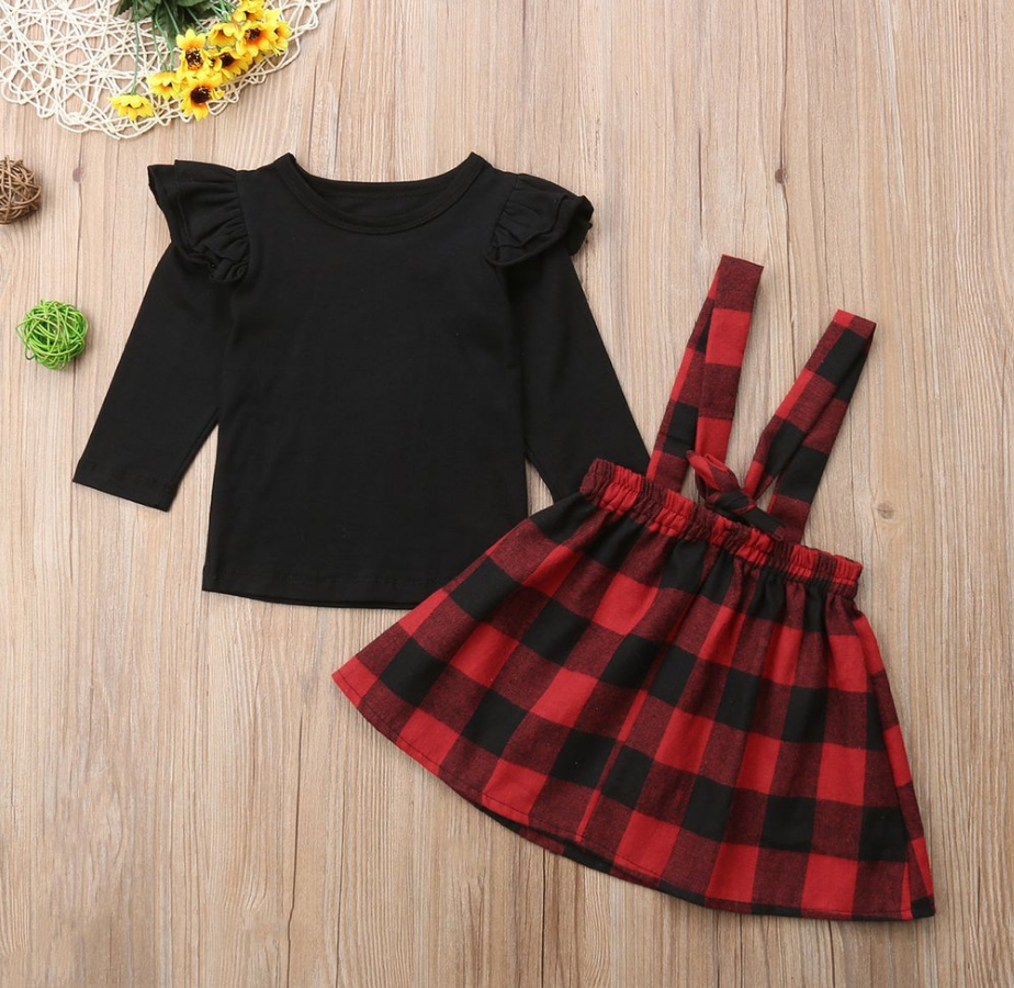 Chic and Versatile New Arrival Girls Black Long sleeved Plaid Strap Dress Two Piece Set Perfect for Foreign Trade Platform and Wholesale