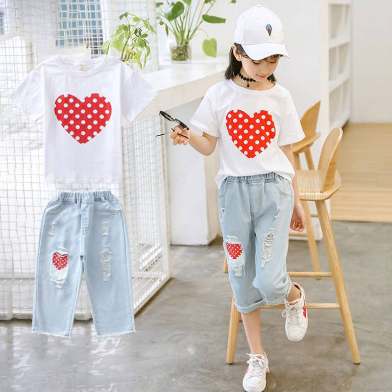 Urban Chic Girls White T shirt and Ripped Jeans Kids Suit for Trendsetting Style