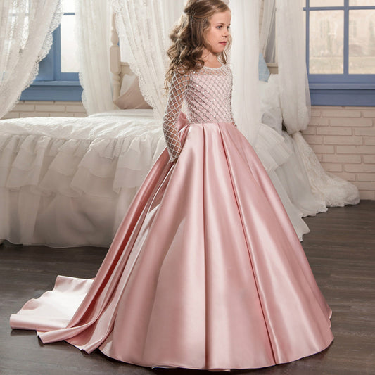 Ethereal Grace Mesh Long Sleeve Trailing Girls Dress for Timeless Elegance