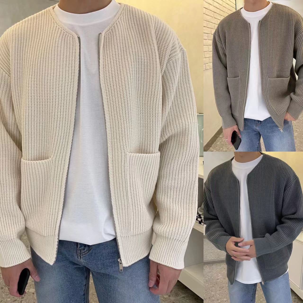 Trendy Knitted Cardigan for Men - Cable Knit with Zip Button