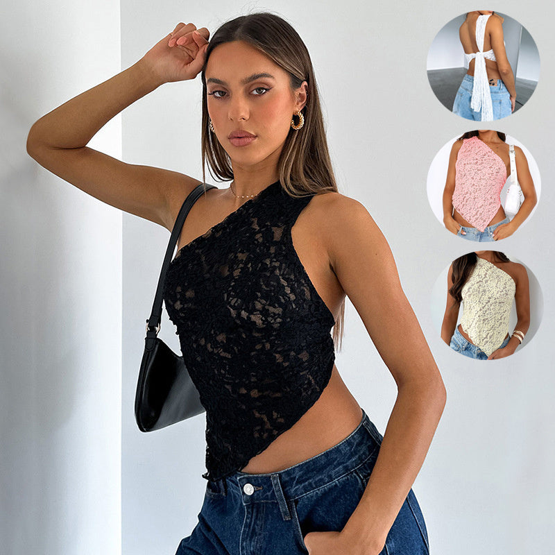 Ethereal Elegance Lace Backless Summer Top with Solid Color Waistless Design Asymmetrical Sloped Neckline Perfect for Streetwear in Women's Fashion