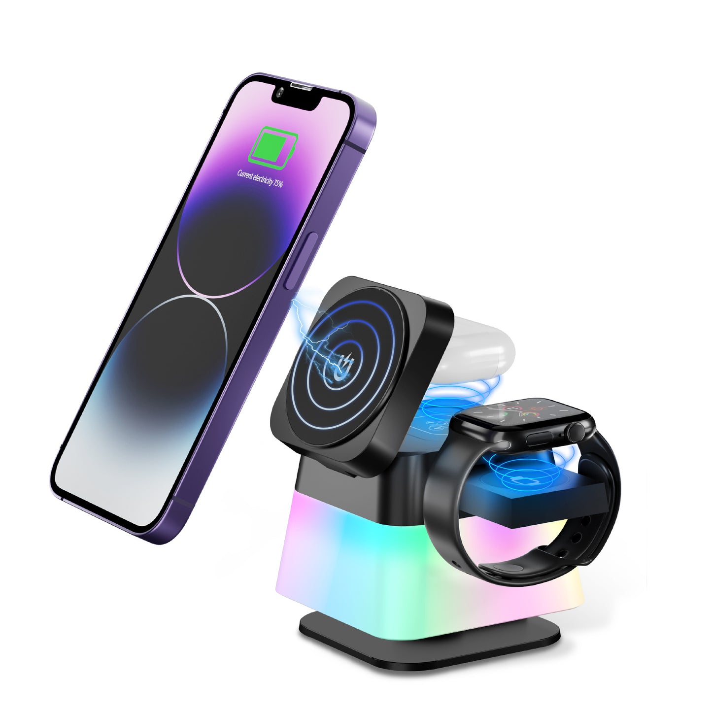 Versatile Charging Hub 4 in 1 Rotatable Colorful Lighting Wireless Charger Stand for iPhone 15 14 13 12 Pro Max 8 7 Includes Magnetic Fast Charging Station and Phone Holder