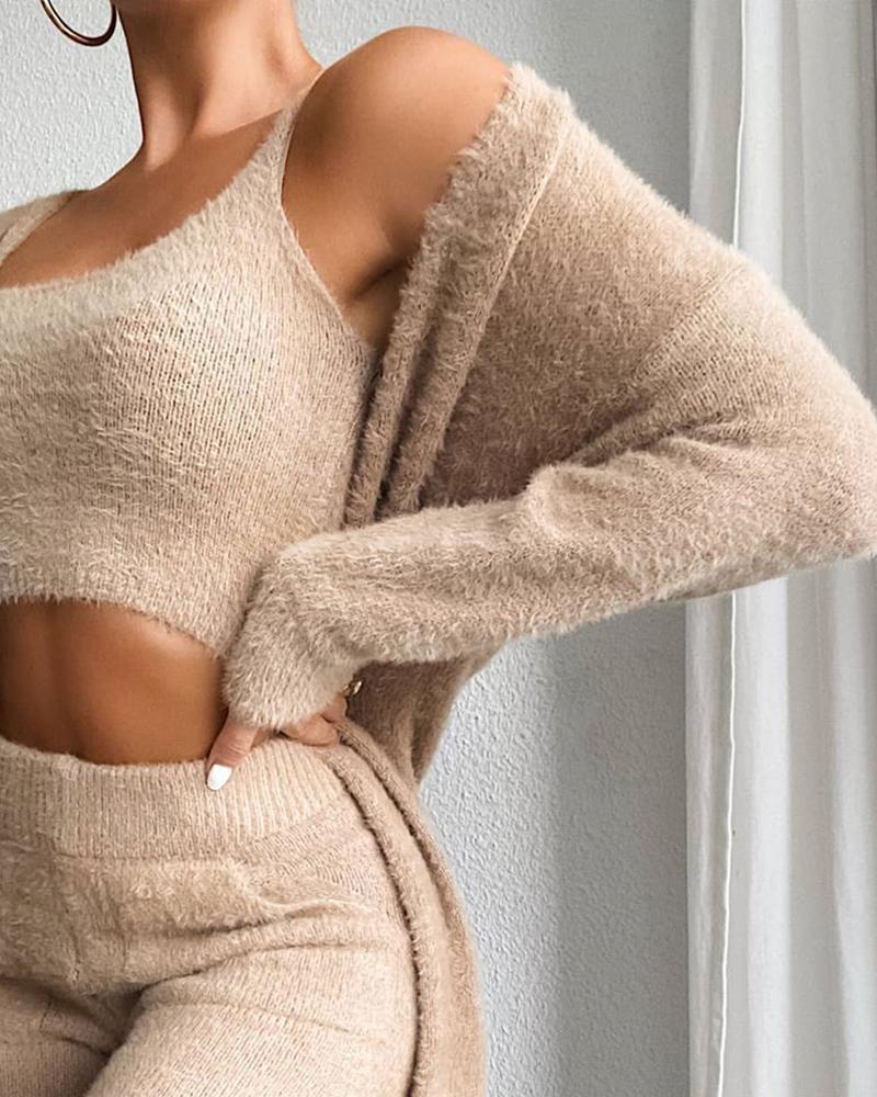 Cozy Women's Fashion Set: Fluffy Crop Top, Skinny Pants & Longline Coat