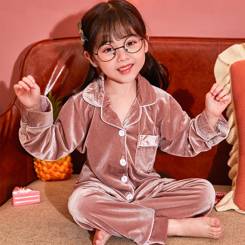 Cozy Elegance Children Gold Velvet Solid Color Pajamas Set Ensuring Comfort and Style for Bedtime