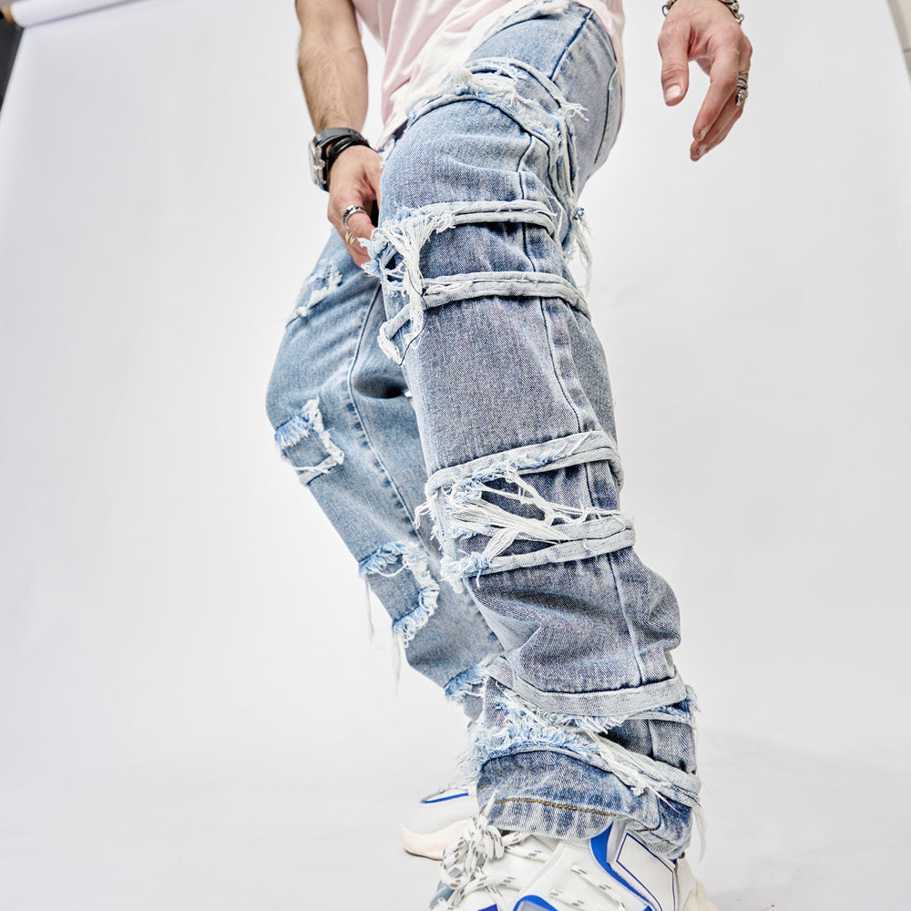 High Street Men's Hip Hop Jeans: Full-Length Patched Trousers with Straight Fit