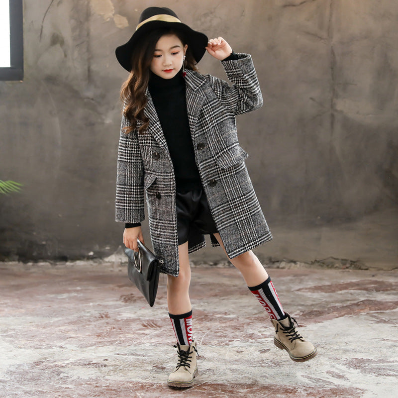 Chic Sophistication Gray Plaid Hounds tooth Coat for Fashionable Girls