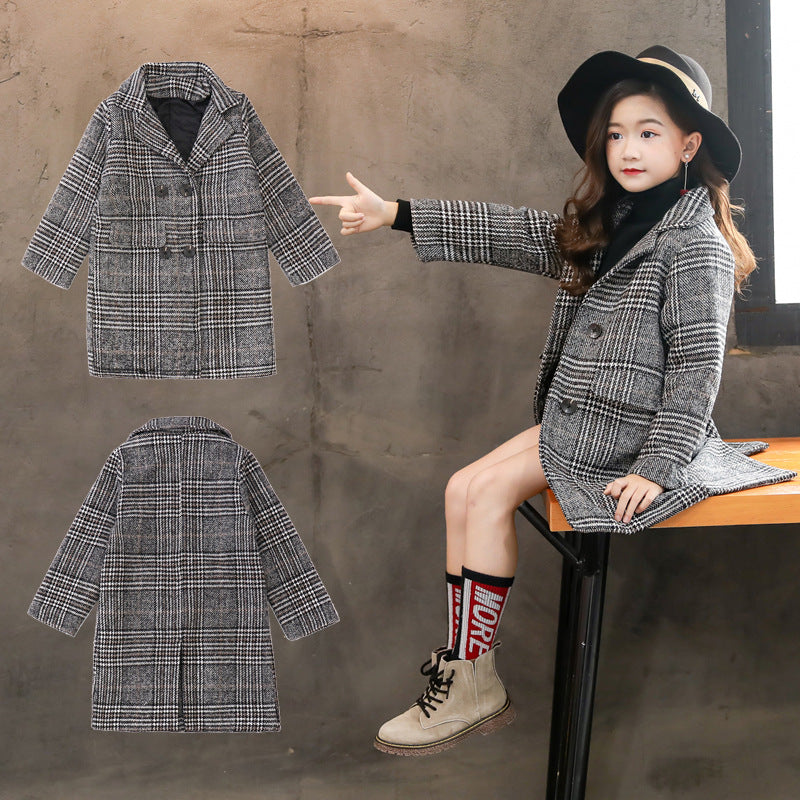 Chic Sophistication Gray Plaid Hounds tooth Coat for Fashionable Girls