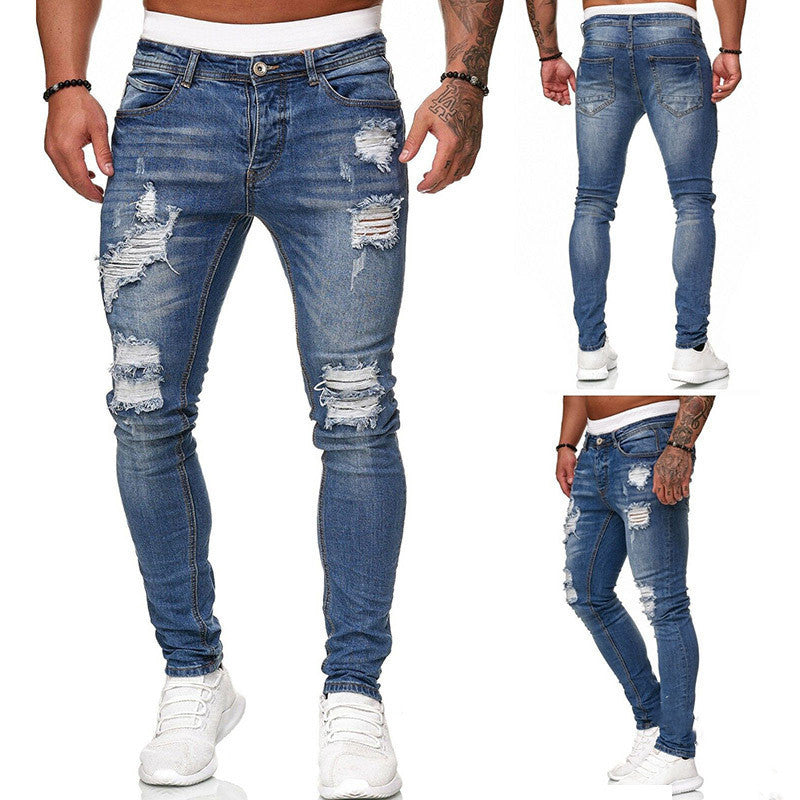 Men's White Hole-Worn Cowboy Jeans with Slim Fit