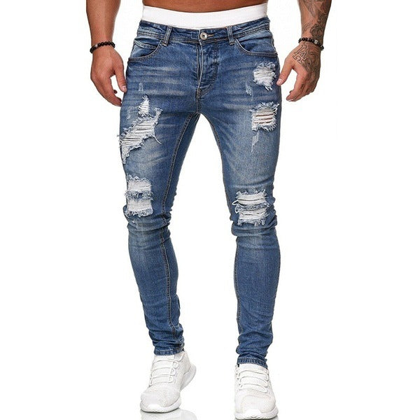 Men's White Hole-Worn Cowboy Jeans with Slim Fit