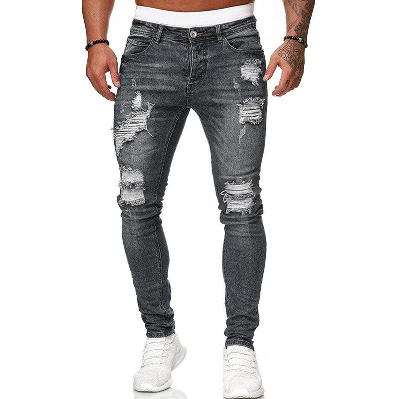 Men's White Hole-Worn Cowboy Jeans with Slim Fit