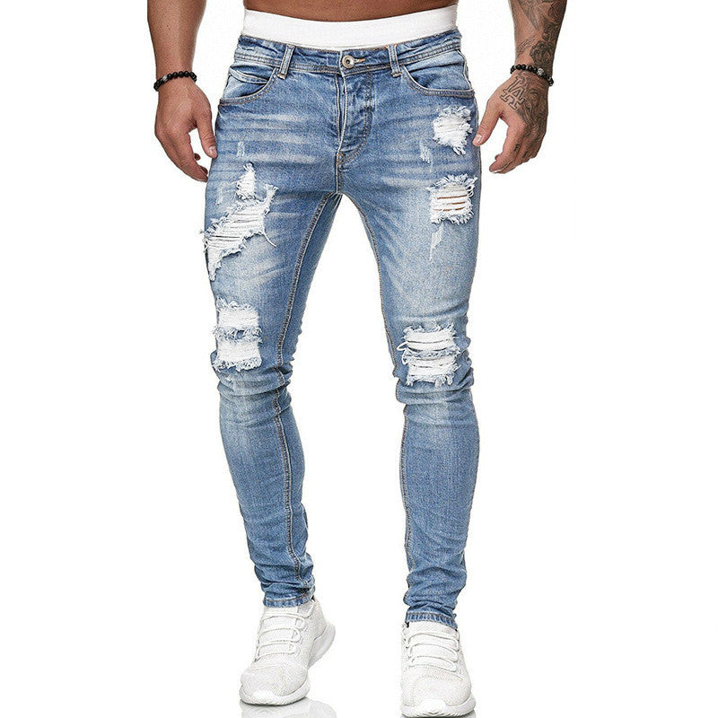 Men's White Hole-Worn Cowboy Jeans with Slim Fit