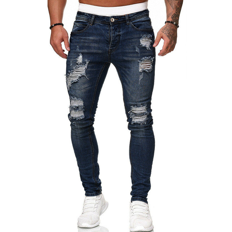 Men's White Hole-Worn Cowboy Jeans with Slim Fit