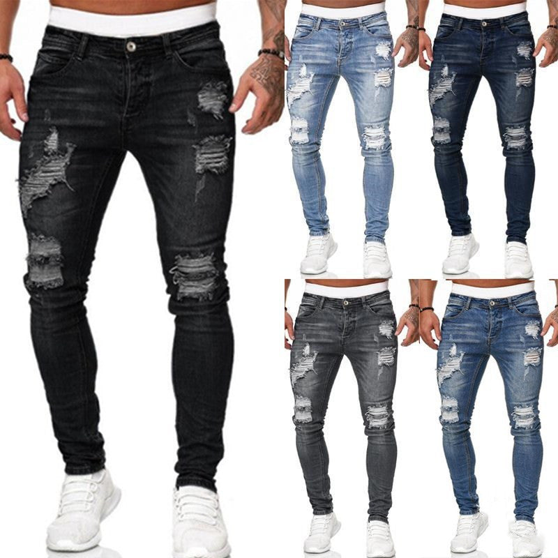 Men's White Hole-Worn Cowboy Jeans with Slim Fit