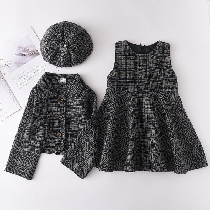 Three-piece Suit Of Woolen New Vest Skirt Coat Beret