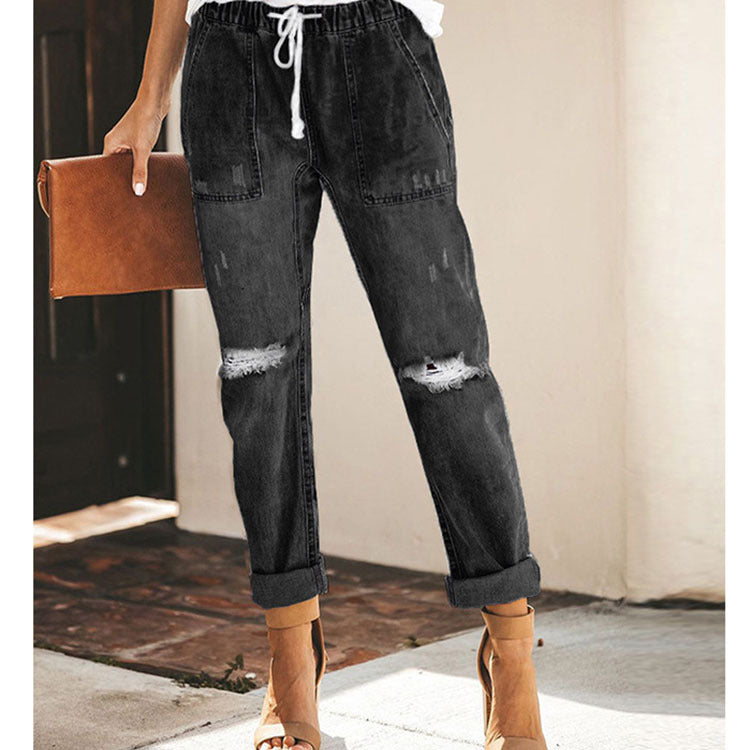 Women Baggy Mid Waist Jeans Wide Leg Loose Boyfriend Denim Pants Straight Leg Cropped Barrel Jeans Straight Ripped Jeans For Women Drawstring Trousers With Pockets Fashion Pants