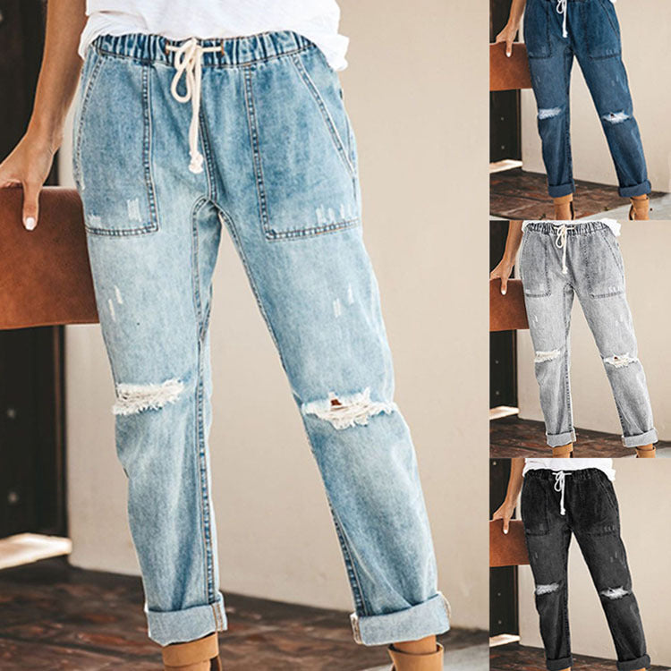 Women Baggy Mid Waist Jeans Wide Leg Loose Boyfriend Denim Pants Straight Leg Cropped Barrel Jeans Straight Ripped Jeans For Women Drawstring Trousers With Pockets Fashion Pants