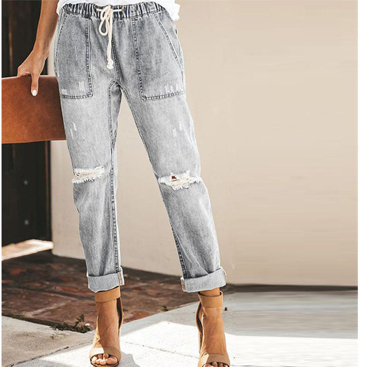 Women Baggy Mid Waist Jeans Wide Leg Loose Boyfriend Denim Pants Straight Leg Cropped Barrel Jeans Straight Ripped Jeans For Women Drawstring Trousers With Pockets Fashion Pants