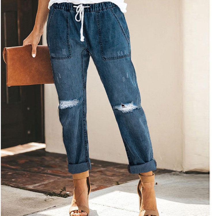 Women Baggy Mid Waist Jeans Wide Leg Loose Boyfriend Denim Pants Straight Leg Cropped Barrel Jeans Straight Ripped Jeans For Women Drawstring Trousers With Pockets Fashion Pants