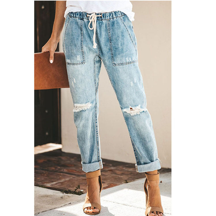 Women Baggy Mid Waist Jeans Wide Leg Loose Boyfriend Denim Pants Straight Leg Cropped Barrel Jeans Straight Ripped Jeans For Women Drawstring Trousers With Pockets Fashion Pants