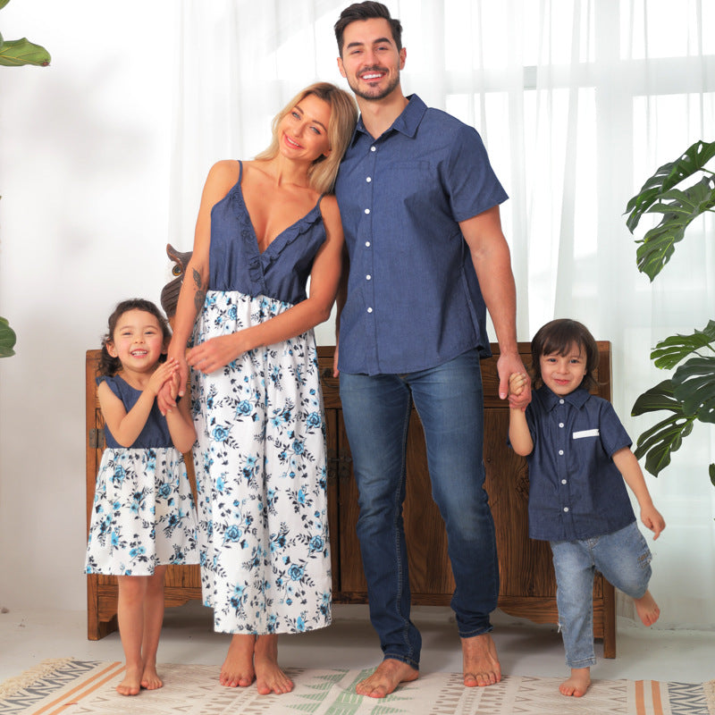 Denim Harmony Family Matching Denim Sling Skirt for Baby Girl Mom, Dad and Boy Shirt Creating Stylish Parent Child Outfit