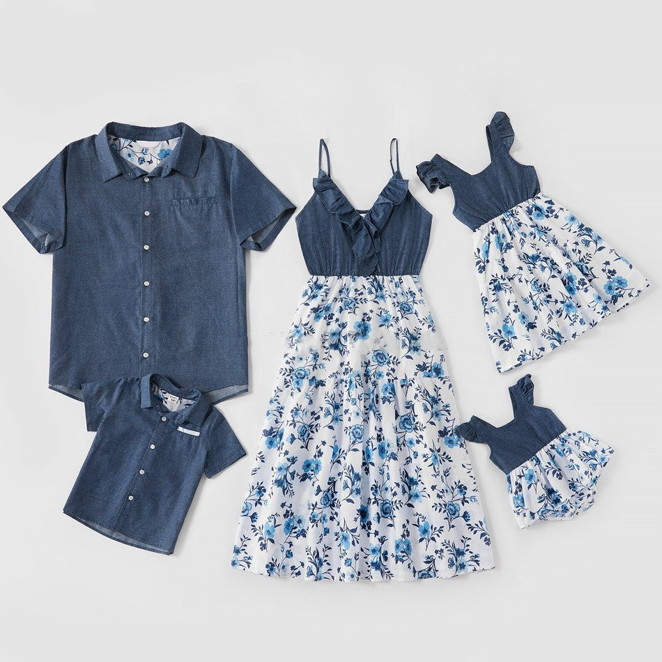 Denim Harmony Family Matching Denim Sling Skirt for Baby Girl Mom, Dad and Boy Shirt Creating Stylish Parent Child Outfit