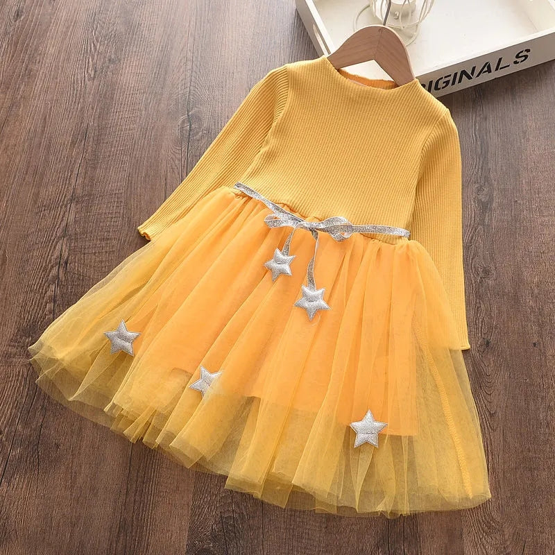 Long Sleeve Solid Color Princess Dress Girls Tether Belt Accessories Star Net Gauze Skirt