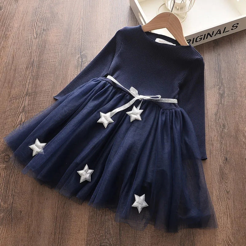 Long Sleeve Solid Color Princess Dress Girls Tether Belt Accessories Star Net Gauze Skirt