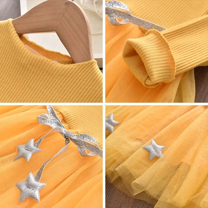 Long Sleeve Solid Color Princess Dress Girls Tether Belt Accessories Star Net Gauze Skirt