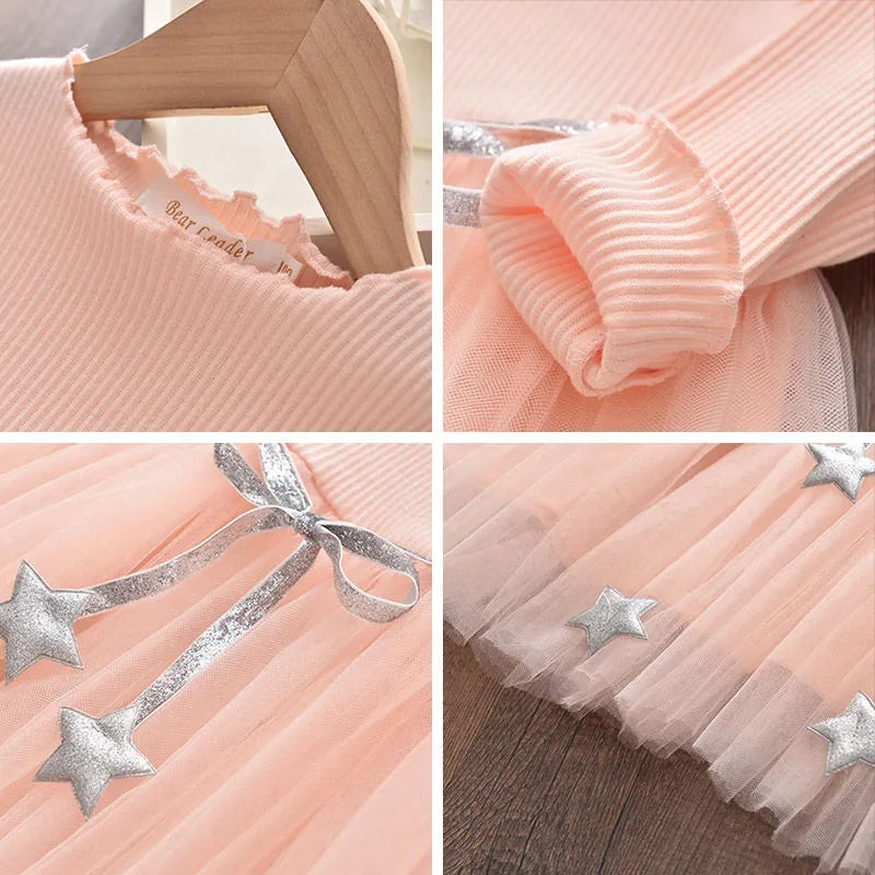 Long Sleeve Solid Color Princess Dress Girls Tether Belt Accessories Star Net Gauze Skirt