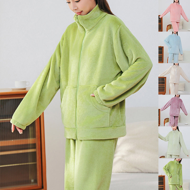 Indoor and Outdoor Warmth Winter Coral Velvet Pajama Set with Pockets and Stand Collar