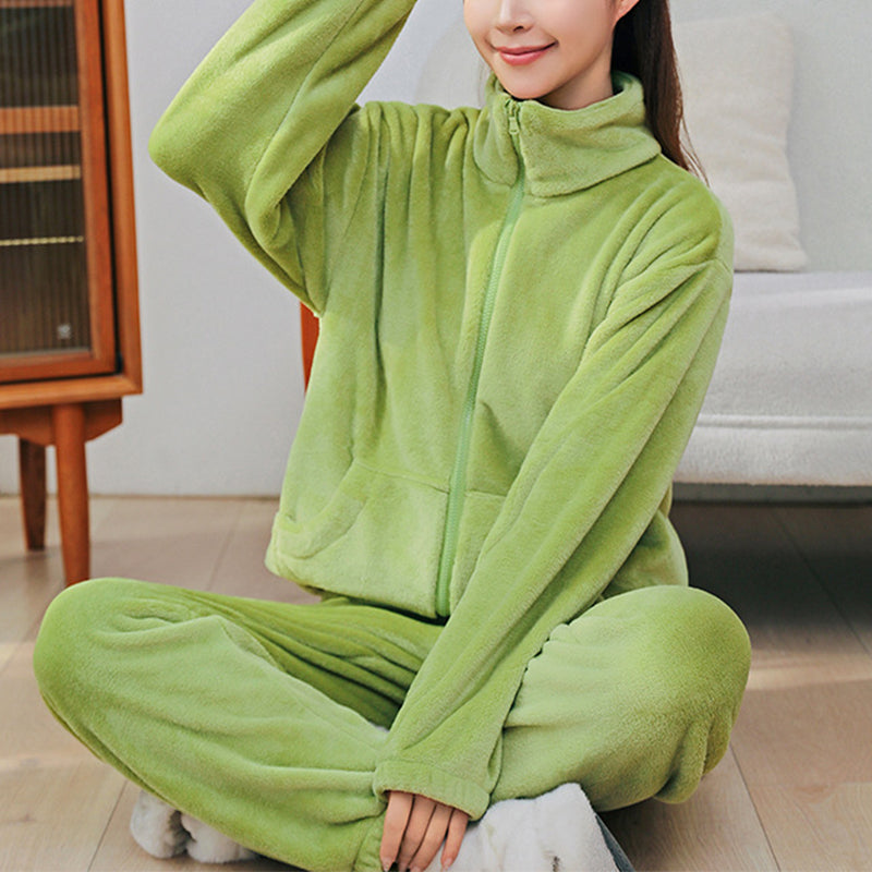 Indoor and Outdoor Warmth Winter Coral Velvet Pajama Set with Pockets and Stand Collar