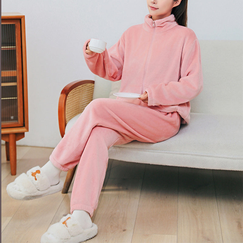 Indoor and Outdoor Warmth Winter Coral Velvet Pajama Set with Pockets and Stand Collar