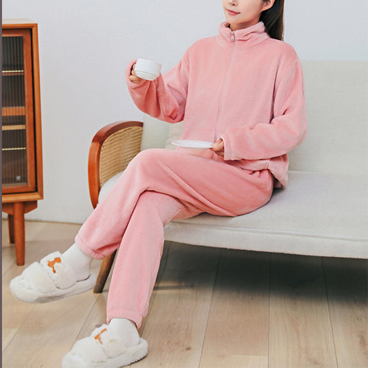 Indoor and Outdoor Warmth Winter Coral Velvet Pajama Set with Pockets and Stand Collar