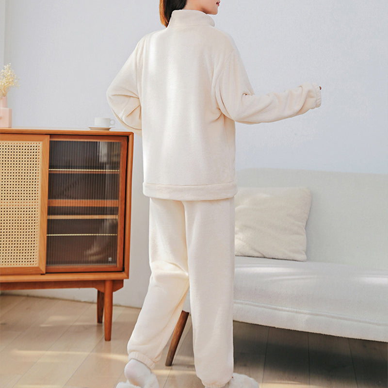 Indoor and Outdoor Warmth Winter Coral Velvet Pajama Set with Pockets and Stand Collar