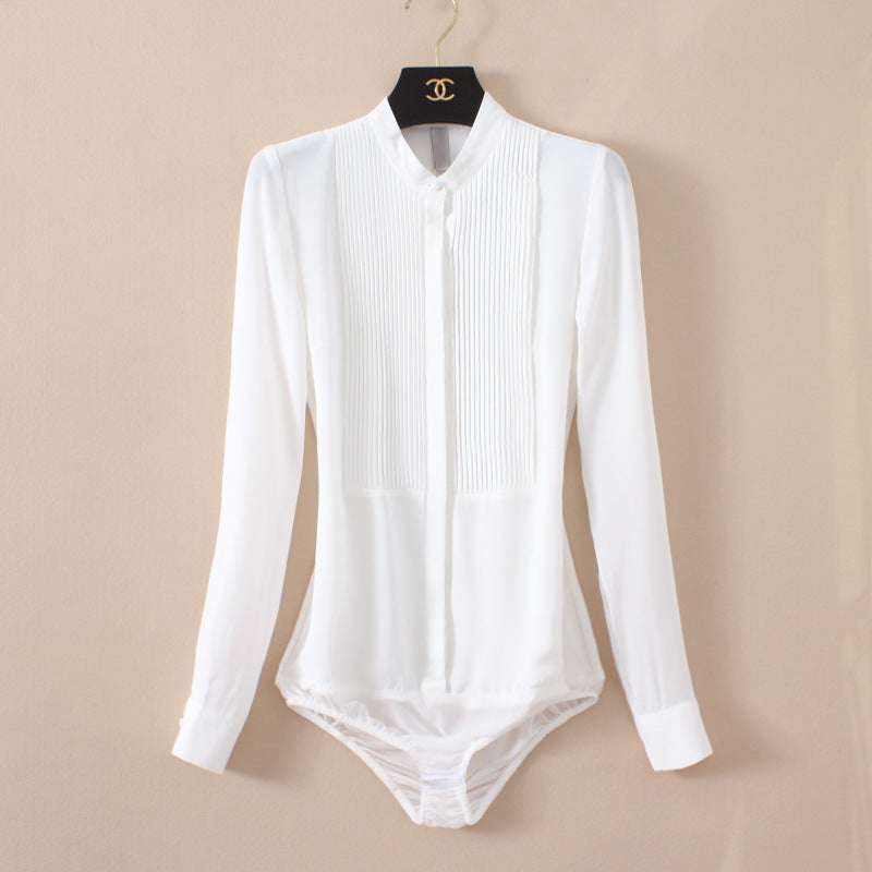 Chic Elegance Stand Collar Organ Pleated Chiffon Shirt Effortlessly Stylish One Piece Design